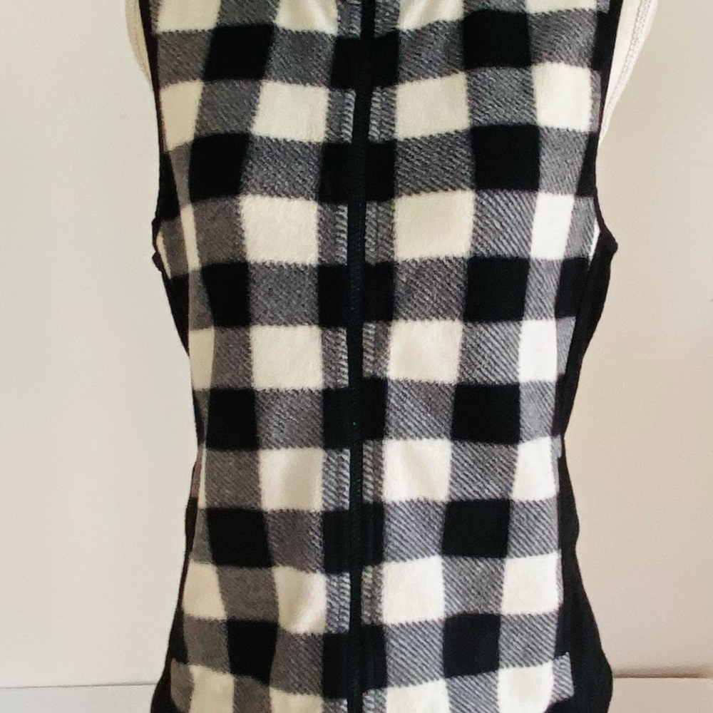 Chaps Black & White Checked Fleece Vest Full Zipper Size M with Pockets - Picture 5 of 16